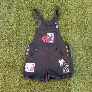 Black Denim Spider Man Patch Short Overalls Women's Large